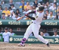 　７回、犠飛を放つ嶋村（撮影・西田忠信）