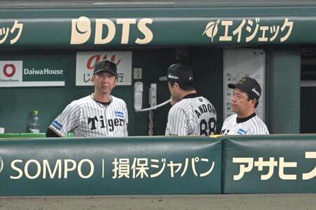 　７回、ベンチで厳しい表情の藤川監督（左）＝撮影・飯室逸平