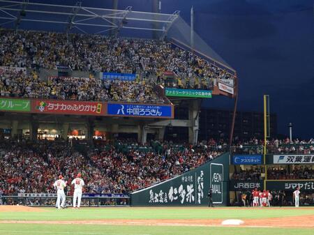 　５回、ファビアンと矢野が交錯した後、「ファビアンコール」をする左翼席の虎党（撮影・市尻達拡）