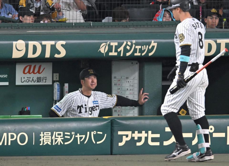 　ベンチで厳しい表情の藤川監督（撮影・飯室逸平）