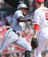 　５回、木浪の適時打で本塁へ激走するヘルナンデス（撮影・田中太一）