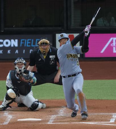 　４回、左前打を放つ大山（撮影・西岡正）