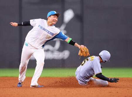 　５回、二盗を決める近本（撮影・中島達哉）