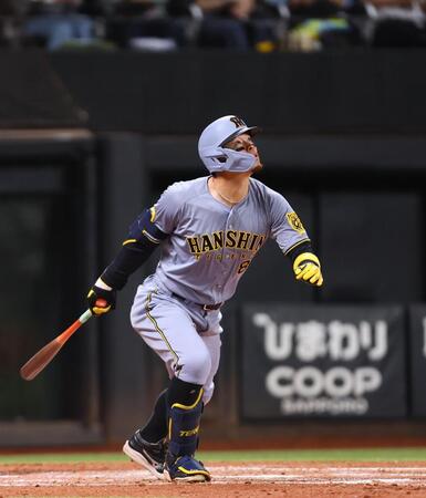 ４回、ソロを放つ佐藤輝（撮影・中島達哉）