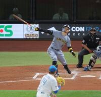 ４回、右越えソロを放つ佐藤輝（撮影・西岡正）