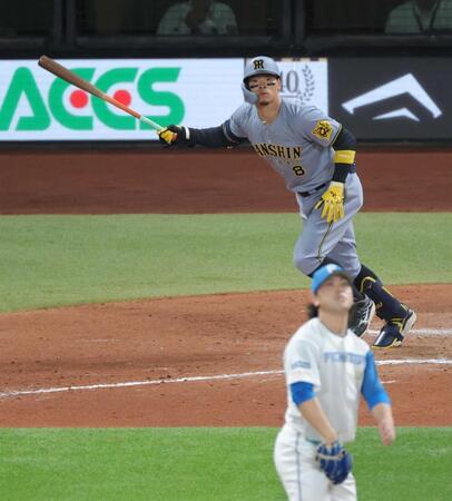 　８回、中越え２ランを放つ佐藤輝（撮影・西岡正）