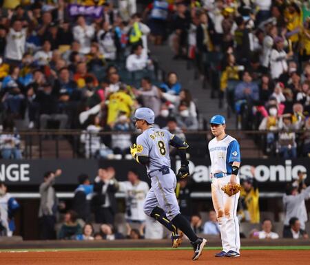 　８回、ソロを放ち、ダイヤモンドを回る佐藤輝（撮影・中島達哉）