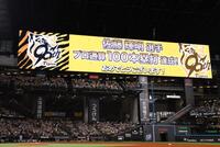 　佐藤輝の通算１００号達成のメッセージが映し出されるビジョン（撮影・中島達哉）