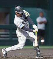 　４回、右前へ適時打を放つアルナエス（撮影・立川洋一郎）