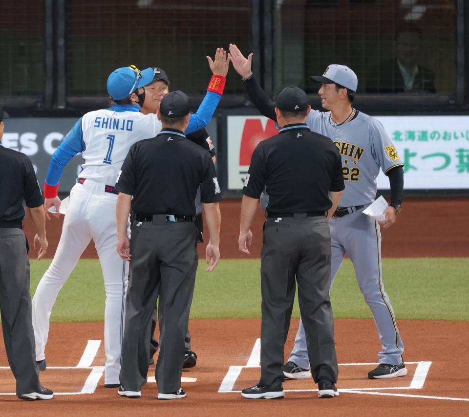 　メンバー表交換で新庄監督（左）、審判団と手を合わせた後、ハイタッチする藤川監督（撮影・西岡正）