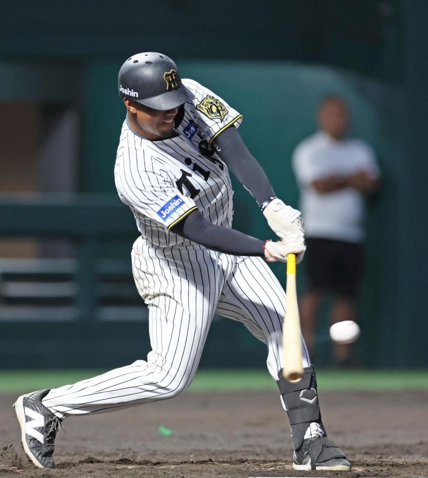 　４回、右前へ適時打を放つアルナエス（撮影・立川洋一郎）