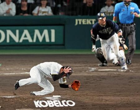 　９回、広岡の打球が頭部を直撃し倒れ込む石井（撮影・立川洋一郎）