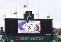 　長嶋さんを悼み、半旗が掲げられた甲子園（撮影・飯室逸平）