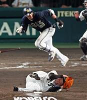 　９回、広岡の打球が頭部を直撃し倒れ込む石井（撮影・立川洋一郎）