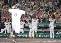 　８回、坂本の３ランに歓喜する森下ら阪神ナイン（撮影・飯室逸平）