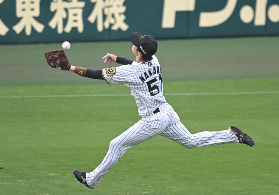 　６回、杉本の打球を好捕する中野（撮影・飯室逸平）