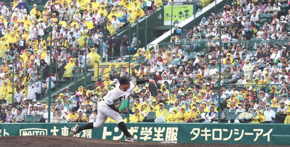 　小雨の降る中、力投する伊原（撮影・北村雅宏）