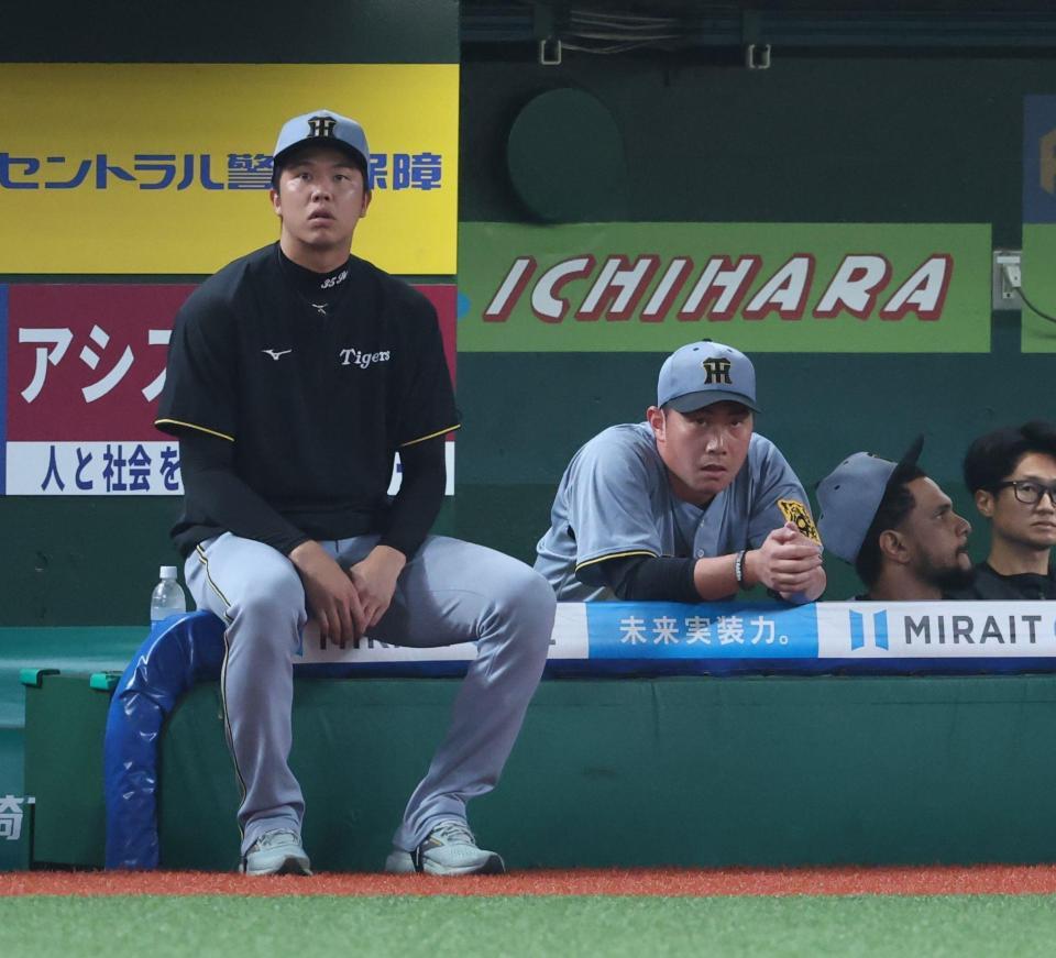 ８回、降板しがっくりの阪神・桐敷拓馬と阪神・才木浩人＝ベルーナドーム（撮影・金田祐二）