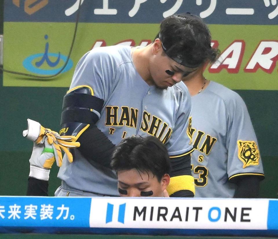 ７回、左飛に倒れてベンチでバッティンググローブをたたきつける阪神・森下（手前）。後方は佐藤輝＝ベルーナ（撮影・堀内翔）