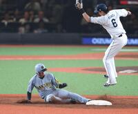 　４回、中野のとき二盗を決める近本（撮影・金田祐二）