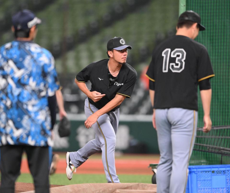 試合前にマウンドの感触を確かめる伊藤将（中央）＝撮影・堀内翔