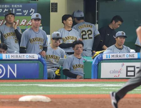　西武に敗れ、ベンチで厳しい表情を浮かべる（右から）大山、森下、佐藤輝ら阪神ナイン（撮影・西岡正）
