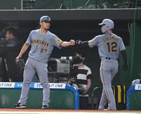 　６回、生還した坂本（右）とタッチを交わす伊藤将（撮影・堀内翔）