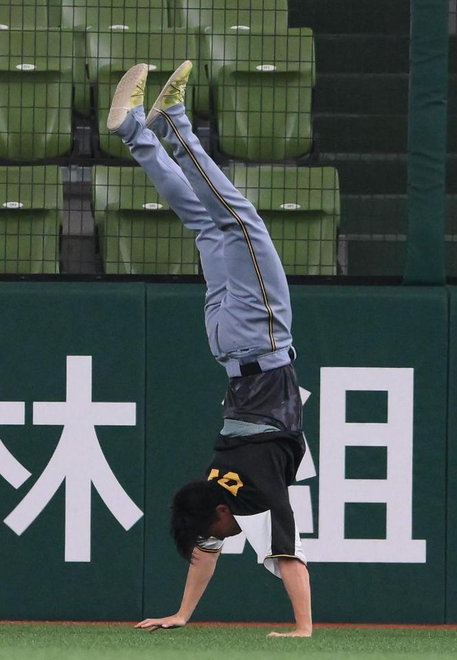 　試合前の練習中に逆立ちで前に進む湯浅（撮影・堀内翔）
