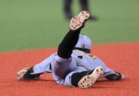 　５回、セデーニョの打球を好捕する熊谷（撮影・堀内翔）