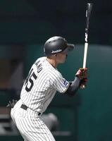 　６回、左前打を放つ佐野（撮影・北村雅宏）