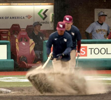 　雨の中、厳しい表情の藤川監督（撮影・金田祐二）