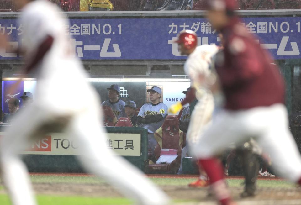 　楽天にサヨナラ負けし、ベンチで前を見据える藤川監督（撮影・西岡正）