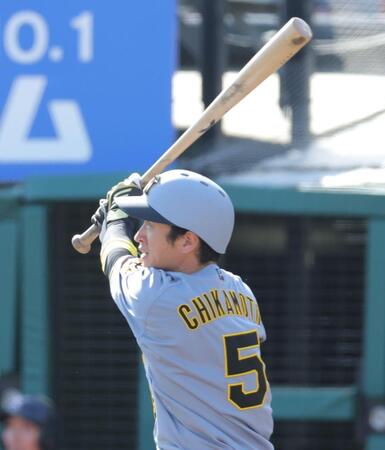 　７回、同点となる右犠飛を放つ近本（撮影・西岡正）