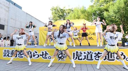 　ＴｉｇｅｒｓＧｉｒｌｓとパフォーマンスする台湾プロ野球のチアガール（撮影・西田忠信）