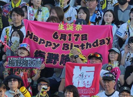 　梅野の誕生日を祝うスタンドの阪神ファン（撮影・北村雅宏）