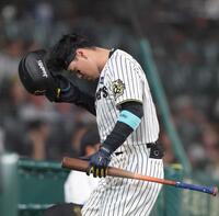 　６回、空振り三振に倒れてベンチに戻る佐藤輝（撮影・北村雅宏）