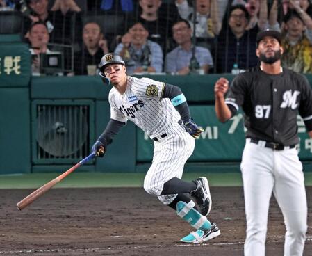 　８回、２ランを放ち打球の行方を見つめて駆け出す佐藤輝（撮影・立川洋一郎）