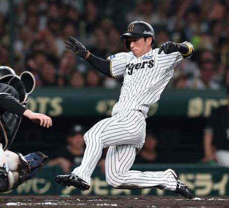 　８回、中野の適時打で生還する近本（撮影・北村雅宏）