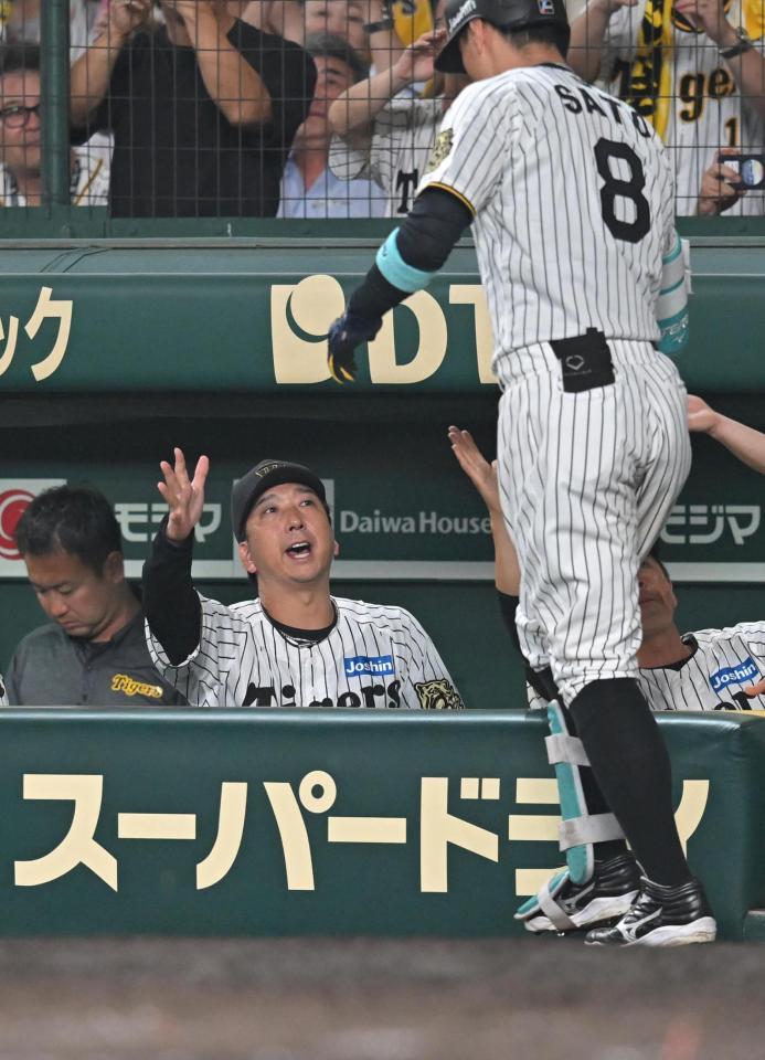 　８回、佐藤輝を迎える藤川監督（撮影・飯室逸平）