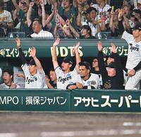　８回、伊藤将（中央）は佐藤輝の２ランにベンチでバンザイ＝１８日