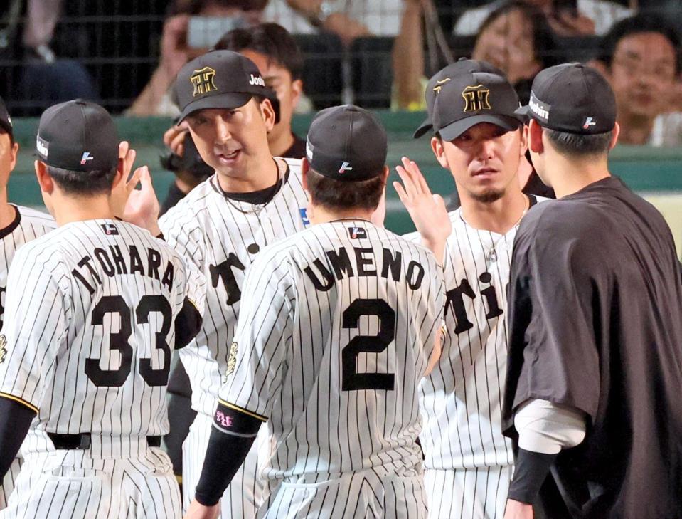 　ナインを迎え勝利のタッチを交わす藤川監督（奥左）と伊藤将（同右）＝撮影・立川洋一郎