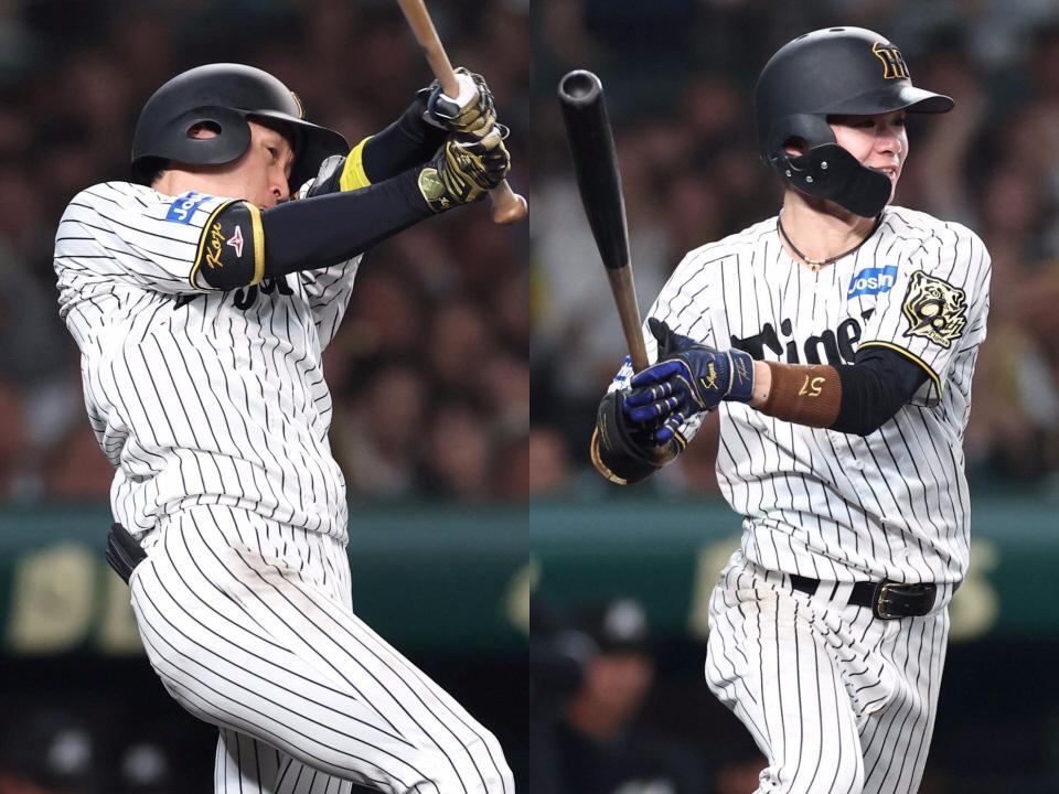 　５回、右前打を放つ近本（左）、適時打を放つ中野＝撮影・北村雅宏