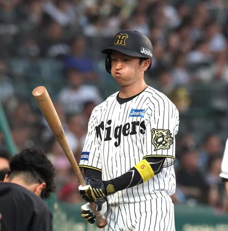 　４回、先制の犠飛を放った近本はベンチ前で一息つく（撮影・北村雅宏）