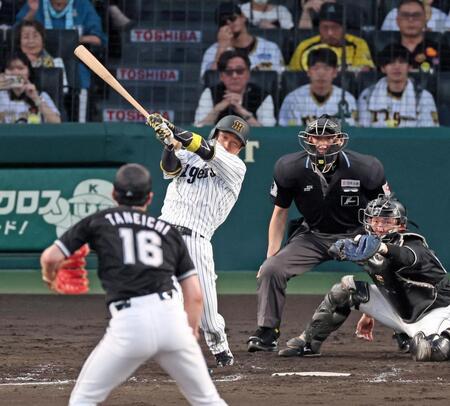 　４回、左犠飛を放ち先制点を挙げる近本（撮影・立川洋一郎）
