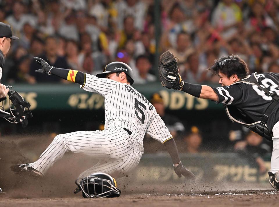 　５回、大山の同点打で生還する近本（左）＝撮影・西田忠信