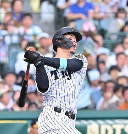 　９回、空振り三振に倒れる佐藤輝（撮影・西田忠信）