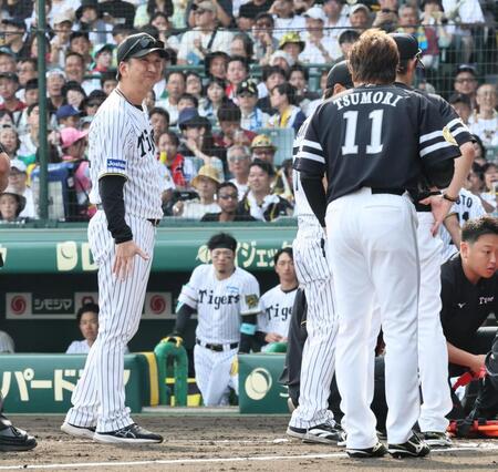 　６回、中野に頭部死球を当てた津森（右）の謝罪を受ける藤川監督（撮影・田中太一）