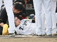 　６回、頭部に死球を受け倒れ込む中野（撮影・田中太一）