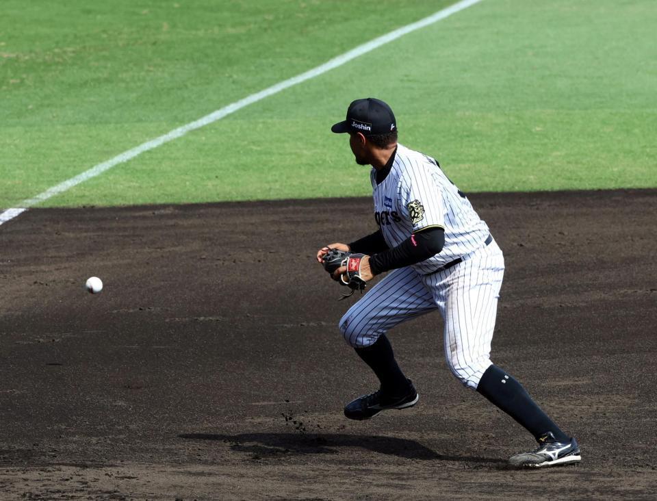 　４回、ヘルナンデスは石塚の打球を後逸する（撮影・山口登）