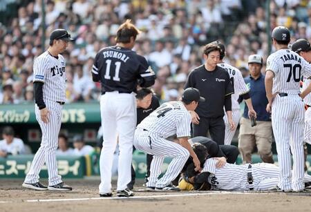 　倒れ込む中野を心配する藤川監督（撮影・田中太一）